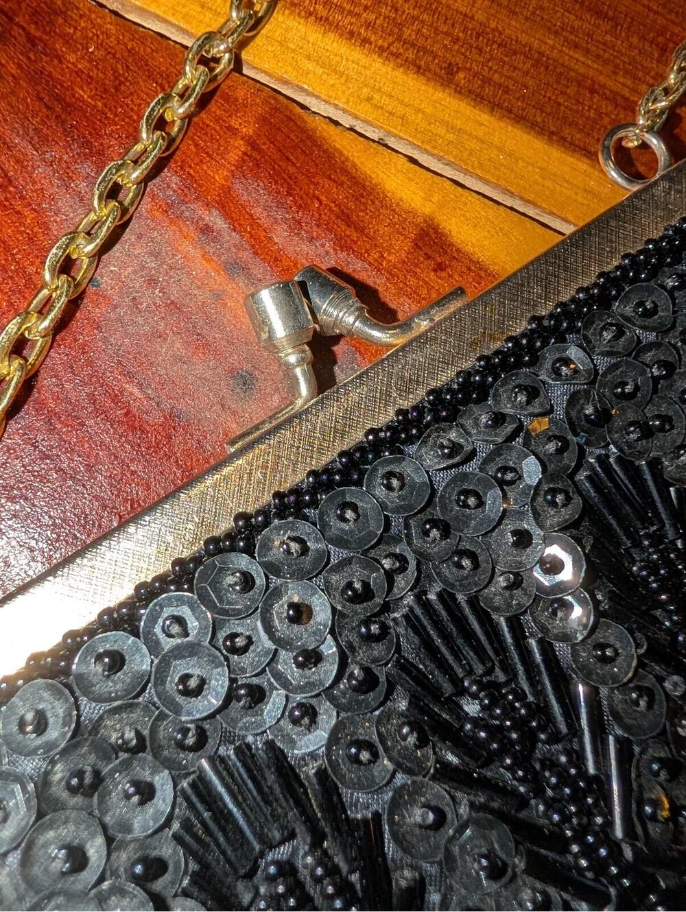 Vintage Black Beaded Evening Bag with Gold Chain Strap